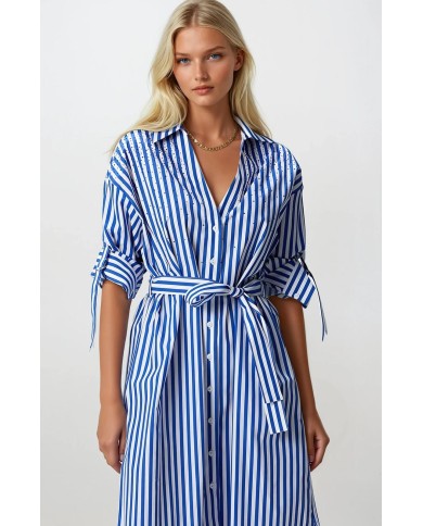 Taş İşlemeli Apoletli Midi Elbise