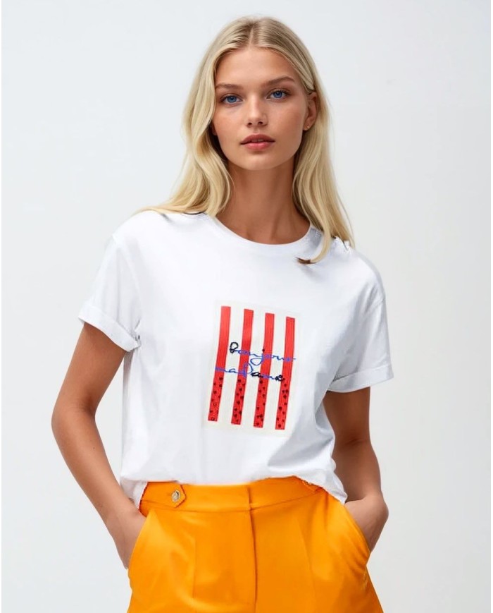 Taş İşleme ve DTF Baskı Bonjour T-Shirt