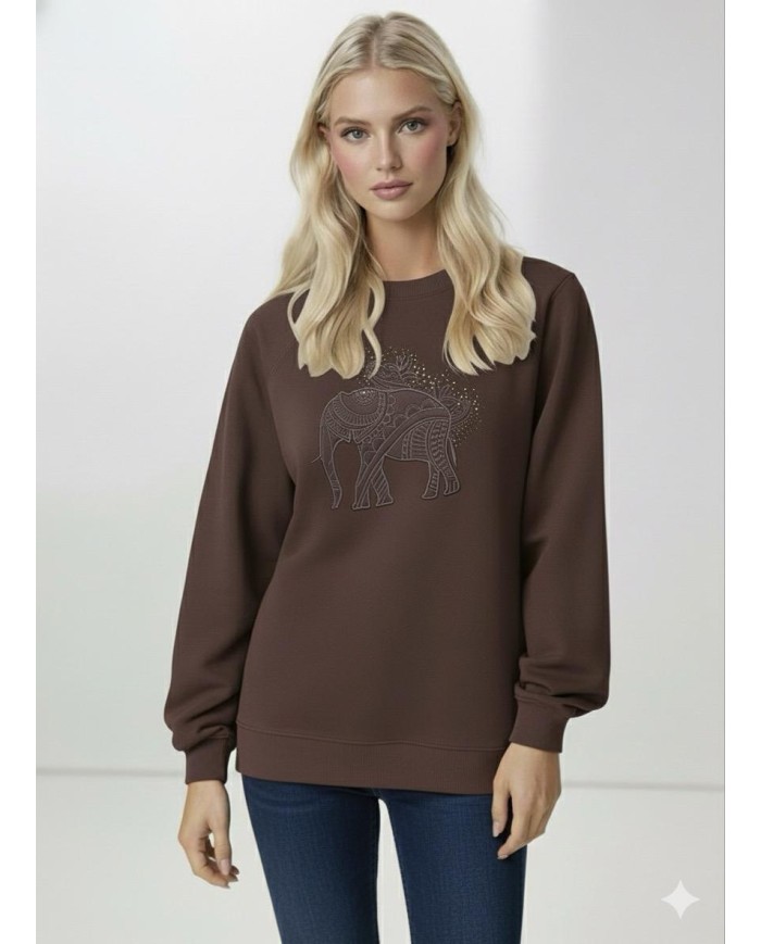 Fil Motifli ve Taş Baskılı Sweatshirt