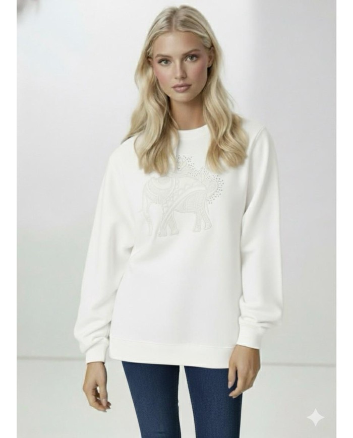 Fil Motifli ve Taş Baskılı Sweatshirt