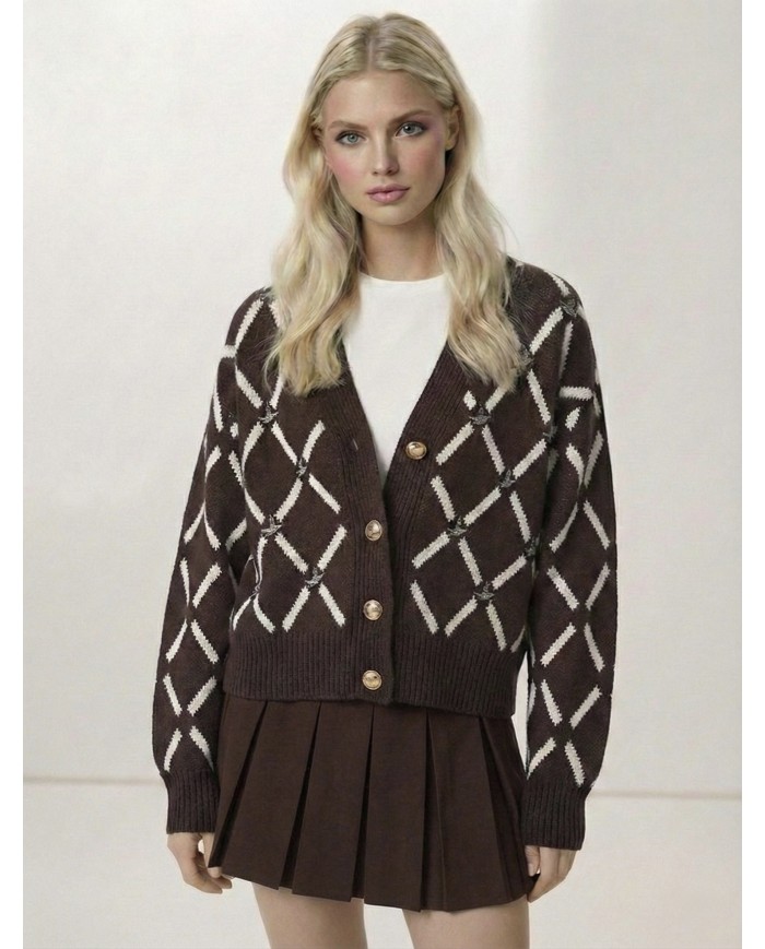 Baklava Motifli Gerçek Yün Triko Hırka