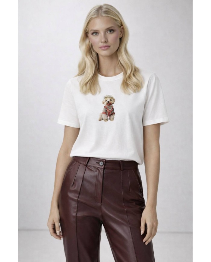 Aplike ve Taş Köpek Detaylı T-Shirt