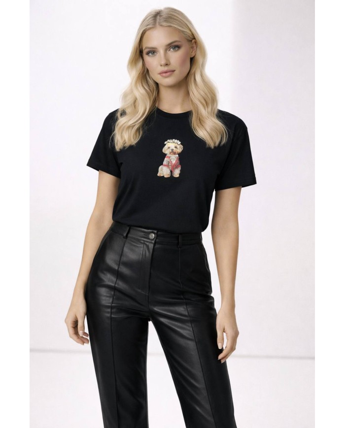 Aplike ve Taş Köpek Detaylı T-Shirt