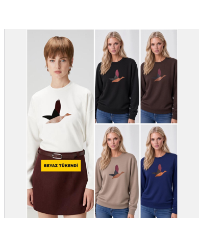 Deri ve DTF Kuş Motifli Sweatshirt