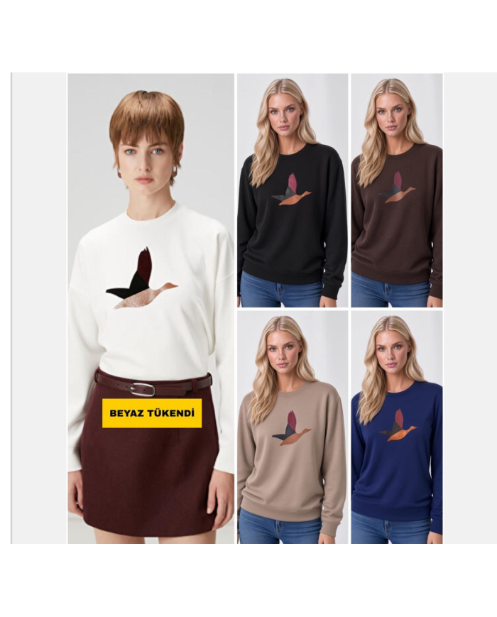 Deri ve DTF Kuş Motifli Sweatshirt