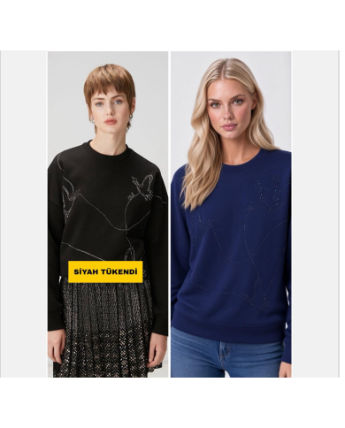 Taş Baskılı Kuş Motifli Dizilim Sweatshirt