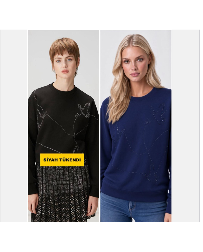 Taş Baskılı Kuş Motifli Dizilim Sweatshirt