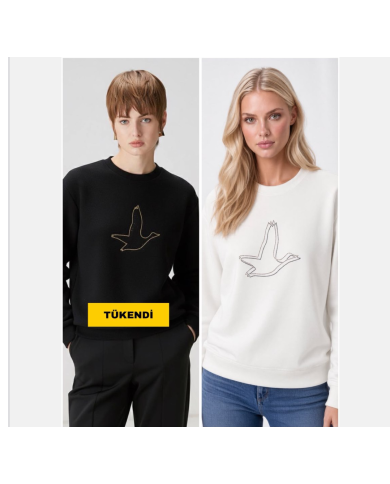 Double Serpme Kuş Motifli Taş Baskılı Sweatshirt