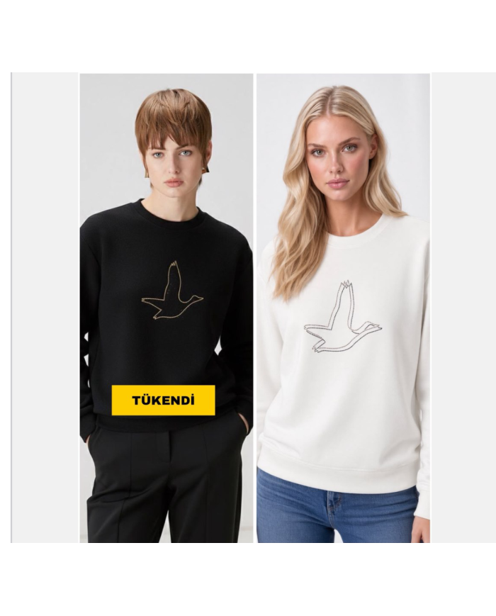 Double Serpme Kuş Motifli Taş Baskılı Sweatshirt